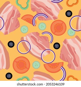 Seamless vector pattern, food, bacn with tomato and olive, gastronomy pattern, tasty colored pattern with pork and vegetables, menu design, flat illustration