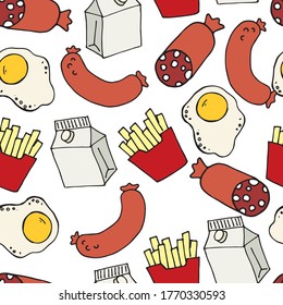 Seamless vector pattern. food, breakfast. fried eggs, toasted sausages, sausage, french fries and a pack of juice, milk isolated on white background. cute doodle background, cartoon with fast food