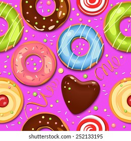 Seamless vector pattern. Food. Chocolate donuts. Colorful vector background. Sweets. Cupcakes. Holidays backdrop.