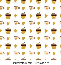 Seamless vector pattern with food illustrations. Cup, cake, heart. Kids illustration for wrapping paper, decor, textile
