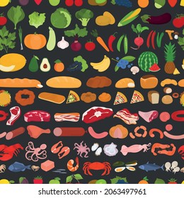 Seamless vector pattern with food on a black background. Vegetables, fruits, bread, seafood on a seamless pattern.