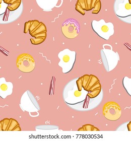 Seamless vector pattern with food on a yellow background. Breakfast tea, bacon, egg, tea, croissant, donut. Vector illustration.