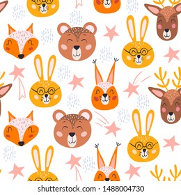 Seamless vector pattern with forest animals (fox, rabbit, bear, deer, squirrel). Vector illustration  for fabric, wrapping paper, cards design