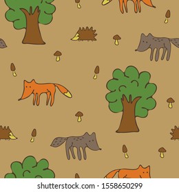 Seamless vector pattern with forest animals. Fox, wolf, hedgehog and mushrooms on light brown background. Children wallpaper design.