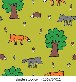 Seamless vector pattern with forest animals on green background. Children wallpaper design with wolf, hedgehog, fox. Hand drown childish animals.