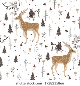 Seamless vector pattern with forest animals and mushrooms on a white background. Deer, owl and eagle owl in the night forest. Square repeating pattern for fabric and wallpaper. Hand-drawn illustration