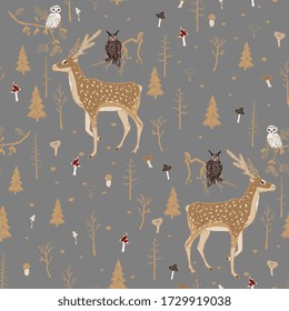 Seamless vector pattern with forest animals and mushrooms on a grey background. Deer, owl and eagle owl in the night forest. Square repeating pattern for fabric and wallpaper. Hand-drawn illustration.