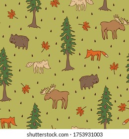 Seamless vector pattern with forest animals on green background. Cute hand drawn woodland wallpaper design with trees, fox and bear. Fabric fashion for children.