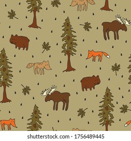 Seamless vector pattern with forest animals on grey background. Cute wildlife wallpaper design for children. Fashion fabric style with fox, wolf and bear.