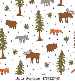 Seamless vector pattern with forest animals on white background. Wildlife landscape wallpaper design for kids. Fashion textile with hand drawn fox, wolf and bear.
