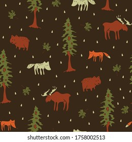 Seamless vector pattern with forest animals on brown background. Cute hand drawn wildlife wallpaper design. Fox, wolf, bear fashion textile for children.