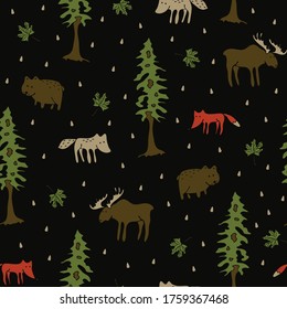 Seamless vector pattern with forest animals on black background. Hand drawn wildlife wallpaper design with fox, wolf and drear. Cute fashion textile  for children.