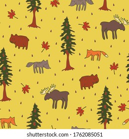 Seamless vector pattern with forest animals on yellow background. Cute hand drawn wallpaper design with fox, bear and wolf. Fashion textile fore children.