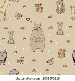 Seamless vector pattern forest animals in the foreground, mushrooms and strawberries in the background. Can be used for printing on paper, textiles, carpets and more.

