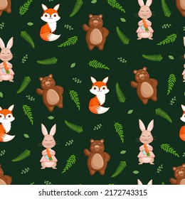 Seamless vector pattern with forest animals - bear, hare and fox with leaves and fir cones. Vector illustration for fabric, texture, wallpaper, poster, postcard. Editable elements. Cartoon design.