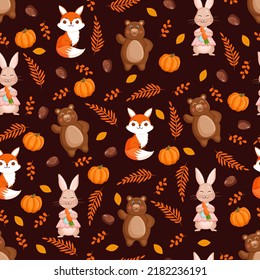 Seamless vector pattern with forest animals - bear, hare and fox with leaves, fir cones pumpkins. Vector illustration for fabric, texture, wallpaper, poster, postcard. Autumn design.
