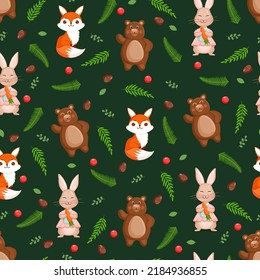 Seamless vector pattern with forest animals - bear, hare and fox with leaves, fir cones and berries. Vector illustration for fabric, texture, wallpaper, poster, postcard. Cartoon design.