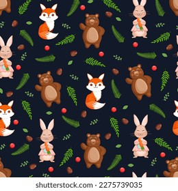 Seamless vector pattern with forest animals - bear, hare and fox with leaves, fir cones and berries. Vector illustration for fabric, texture, wallpaper, poster, postcard. Cartoon design.