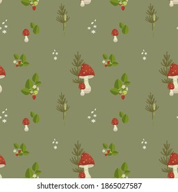 Seamless vector pattern. Forest berries, flowers and mushrooms on a calm green background. Strawberries, fly agaric, horsetail.