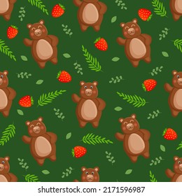 Seamless vector pattern with forest brown bear, strawberry leaves and berries. Vector illustration for fabric, texture, wallpaper, poster, postcard. Editable elements. Cartoon design.