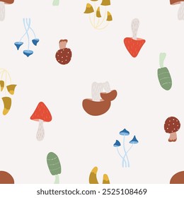 Seamless vector pattern with forest colorful wild mushroom. Hand drawn fabric print for textile