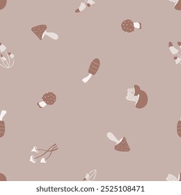 Seamless vector pattern with forest fall colored beige and brown wild mushroom. Hand drawn