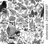 Seamless vector pattern forest flora and fauna. Birds, animals, berries, mushrooms, flowers, plants. Frog, owl, raven, snail, raspberry, fly agaric, porcini mushroom, chanterelles, lupine