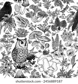 Seamless vector pattern forest flora and fauna. Birds, animals, berries, mushrooms, flowers, plants. Frog, owl, raven, snail, raspberry, fly agaric, porcini mushroom, chanterelles, lupine