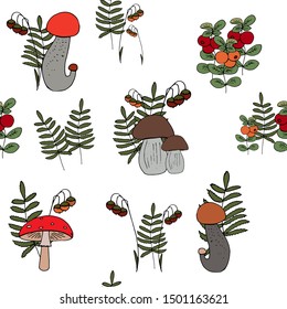 Seamless vector pattern of forest glade with different mushrooms, berries on a white background. Colorful texture design for greeting card, fabric, wrapping paper, invitation, wallpaper,  textile.