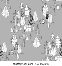 seamless vector pattern forest and house 
