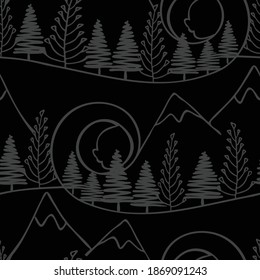 Seamless vector pattern with forest line art on black background. Winter landscape wallpaper design. Decorative fashion textile woodland.