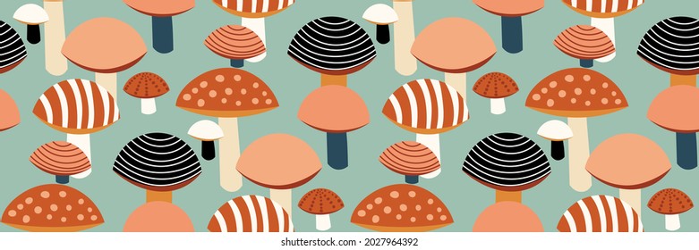 Seamless vector pattern with forest mushrooms on a light green background. Various textured fabulous mushrooms, fly agarics in a cute simple hand-drawn style. Creative vector design.