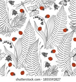 Seamless vector pattern with forest plants and insects on white. Floral art background. Perfect for design templates,  wallpaper, wrapping, fabric and textile.