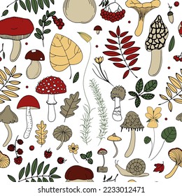 Seamless vector pattern with forest plants, berries and mushrooms.