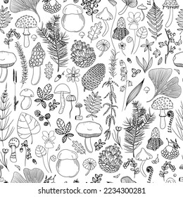 Seamless vector pattern with forest plants, berries and mushrooms.
