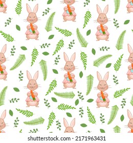 Seamless vector pattern with forest rabbit, carrot and leaves. Vector illustration for fabric, texture, wallpaper, poster, postcard. Editable elements. Summer design.