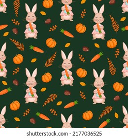 Seamless vector pattern with forest rabbit, carrot, pumpkin and nature elements. Vector illustration for fabric, texture, wallpaper, poster, postcard. Editable elements. Autumn design.