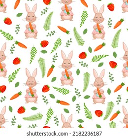 Seamless vector pattern with forest rabbit, carrot, strawberry and leaves. Vector illustration for fabric, texture, wallpaper, poster, postcard. Editable elements. Summer design.