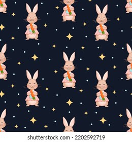 Seamless Vector Pattern With Forest Rabbit, Carrot, And Stars. Vector Illustration For Fabric, Texture, Wallpaper, Poster, Postcard. Editable Elements. Cartoon Design.