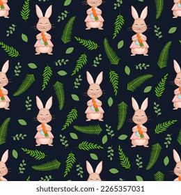 Seamless vector pattern with forest rabbit, carrot and leaves. Vector illustration for fabric, texture, wallpaper, poster, postcard. Editable elements. Summer design.
