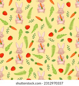 Seamless vector pattern with forest rabbit, carrot, strawberry and leaves. Vector illustration for fabric, texture, wallpaper, poster, postcard. Editable elements. Summer design.
