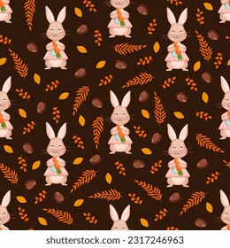 Seamless vector pattern with forest rabbit, carrot, and nature elements. Vector illustration for fabric, texture, wallpaper, poster, postcard. Editable elements. Autumn design.