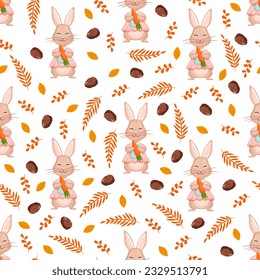 Seamless vector pattern with forest rabbit, carrot, and nature elements. Vector illustration for fabric, texture, wallpaper, poster, postcard. Editable elements. Autumn design.