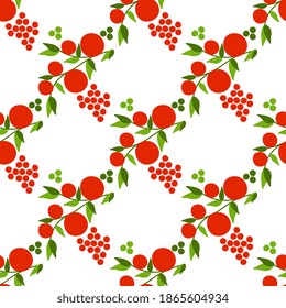 Seamless vector pattern with forest red berries with green leaves on a white background, artistic. Vector illustration for hoop, wrapping, tablecloth.