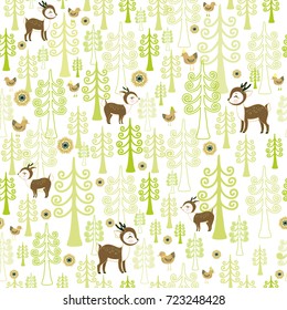 Seamless vector pattern with forest and small fawn deers on white background
