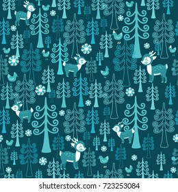 Seamless vector pattern with forest and small fawn deers