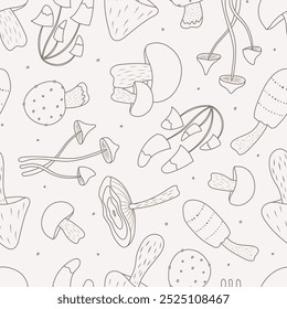 Seamless vector pattern with forest wild mushroom outlines. Hand drawn fabric print for textile