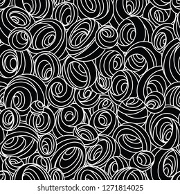 Seamless vector pattern in the form of circles, balls, spirals, whirlpools and curls.
Suitable for placement on fabric, wallpaper, wrapping paper. Beautifully fits into printing products.