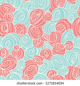Seamless vector pattern in the form of circles, balls, spirals, whirlpools and curls.
Suitable for placement on fabric, wallpaper, wrapping paper. Beautifully fits into printing products.