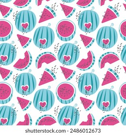 Seamless vector pattern in the form of a flat watermelon with seeds. Stylized abstract flat background.